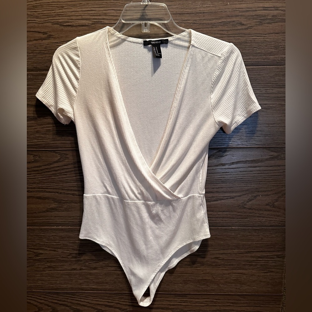 Forever 21 White Ribbed Wrap-Front Short Sleeve Bodysuit